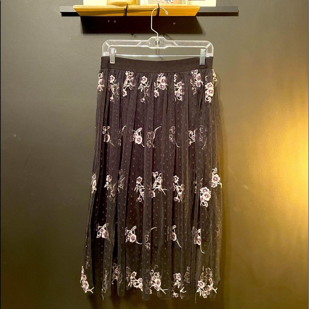 Black Midi Embroidered Floral Skirt